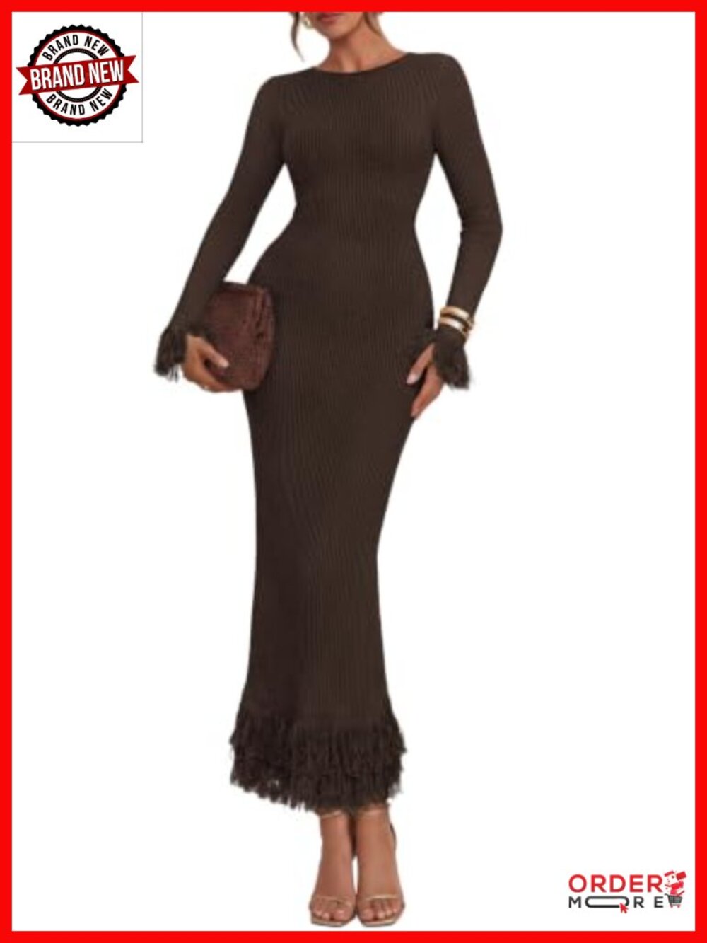 Womens Long Sleeve Bodycon Sweater Maxi Dress Fringe Trim Knit